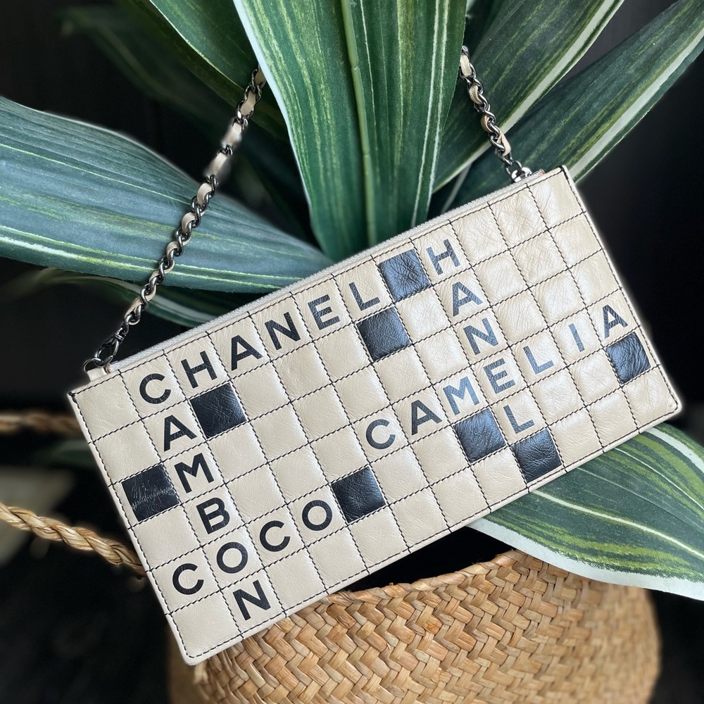Chanel Beige and Black Quilted Lambskin Crossword Pochette SUPER RARE with COA